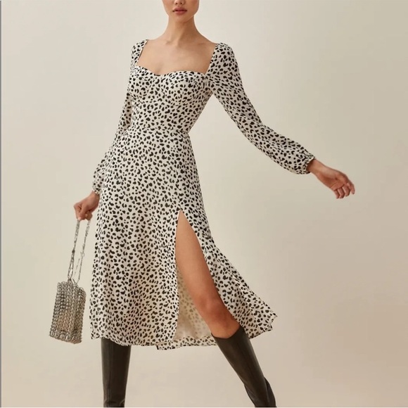 Reformation Shelby Dress Ocelot White Black Polka Dot Slit Bustier New Size 6 - Picture 14 of 14